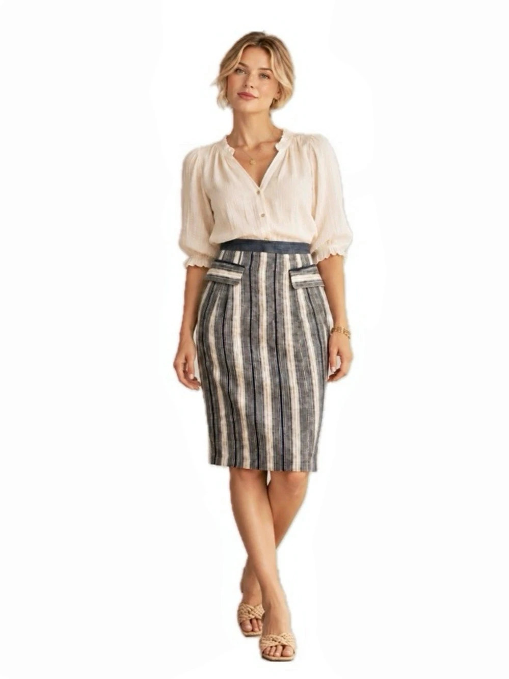 Eva Franco, Anthropologie Striped Pencil Skirt in Blue & White Size 8 NWT